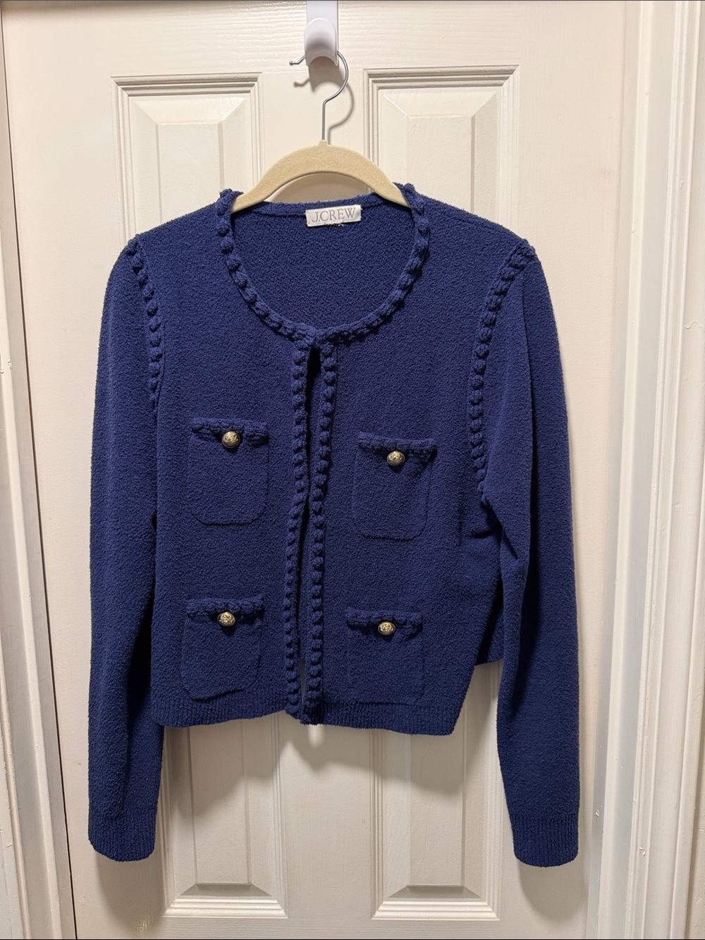 J. Crew Deep Navy Textured Cropped Cardigan with Gold Buttons